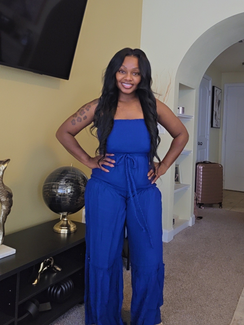 Navy Blue Strapless Smocked Jumpsuit